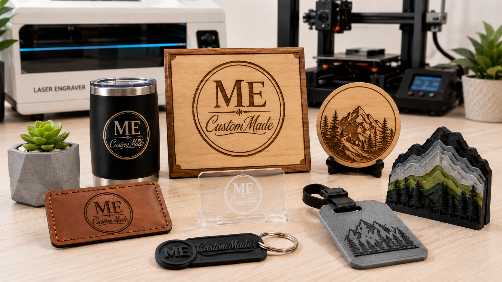Custom laser-engraved tumbler, wood plaque, coaster, wallet, keychain