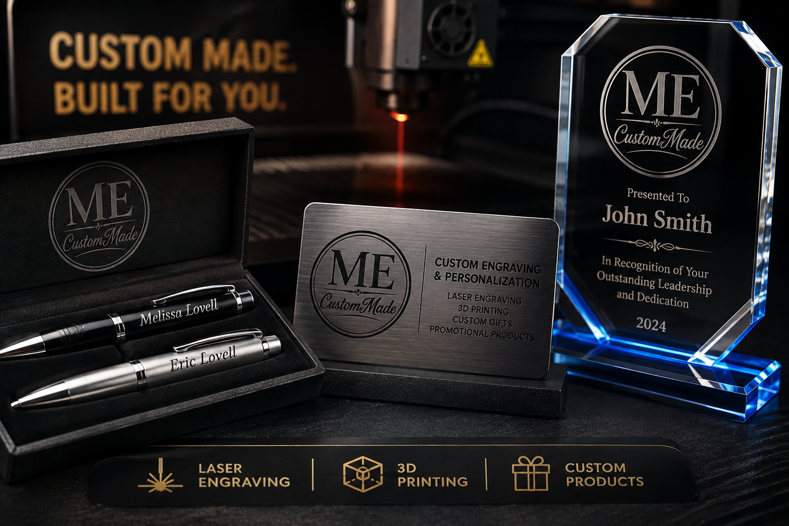 custom engraved business cards, pens, awards tumblers and branded promotional products