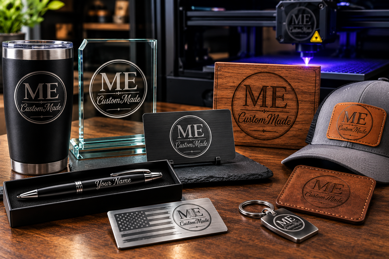 Personalized hats, engraved wood signs, acrylic awards, metal cards and custom decor